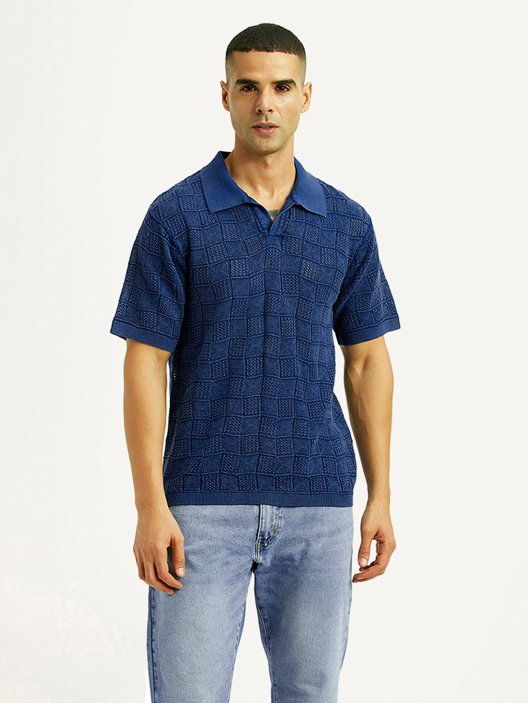 Men's Self Design Blue Loose Fit Polo T-Shirt - Front View