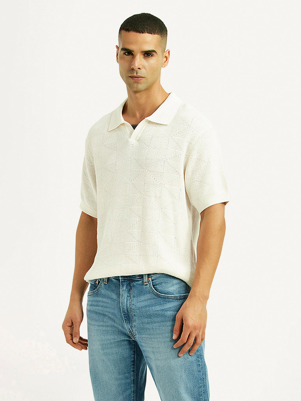 Men's Self Design Off White Loose Fit Polo T-Shirt