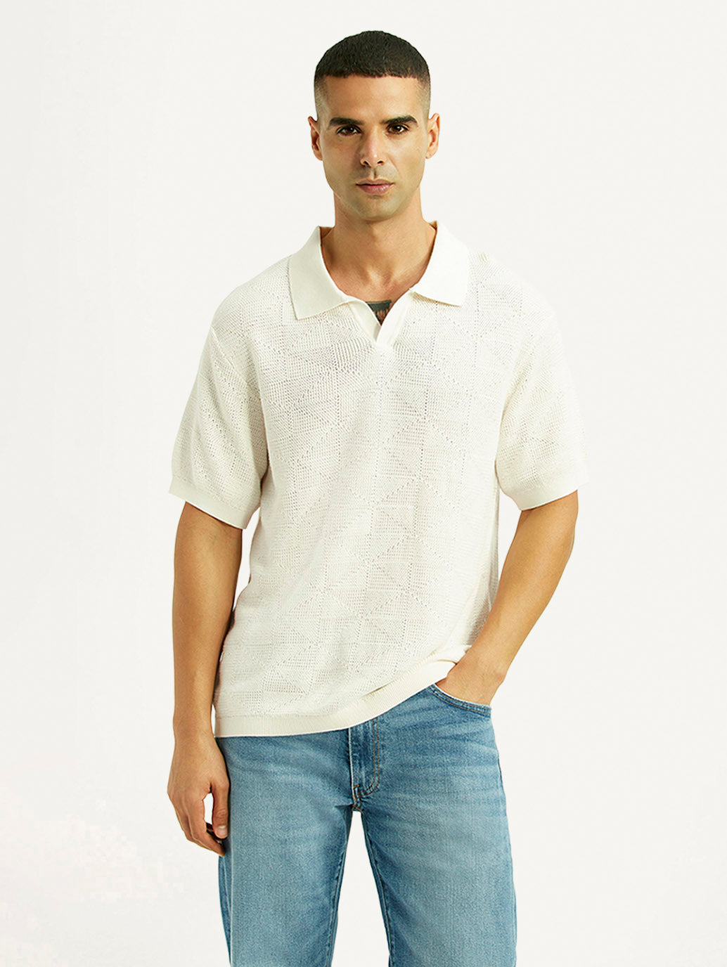 Men's Self Design Off White Loose Fit Polo T-Shirt - Front View