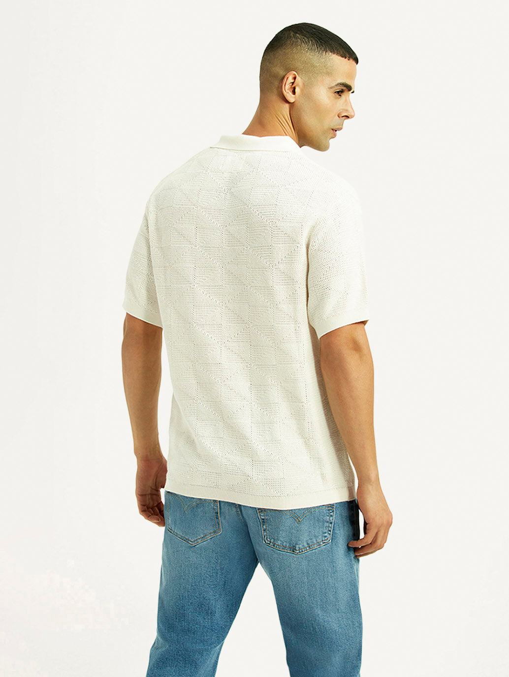 Men's Self Design Off White Loose Fit Polo T-Shirt - Back View