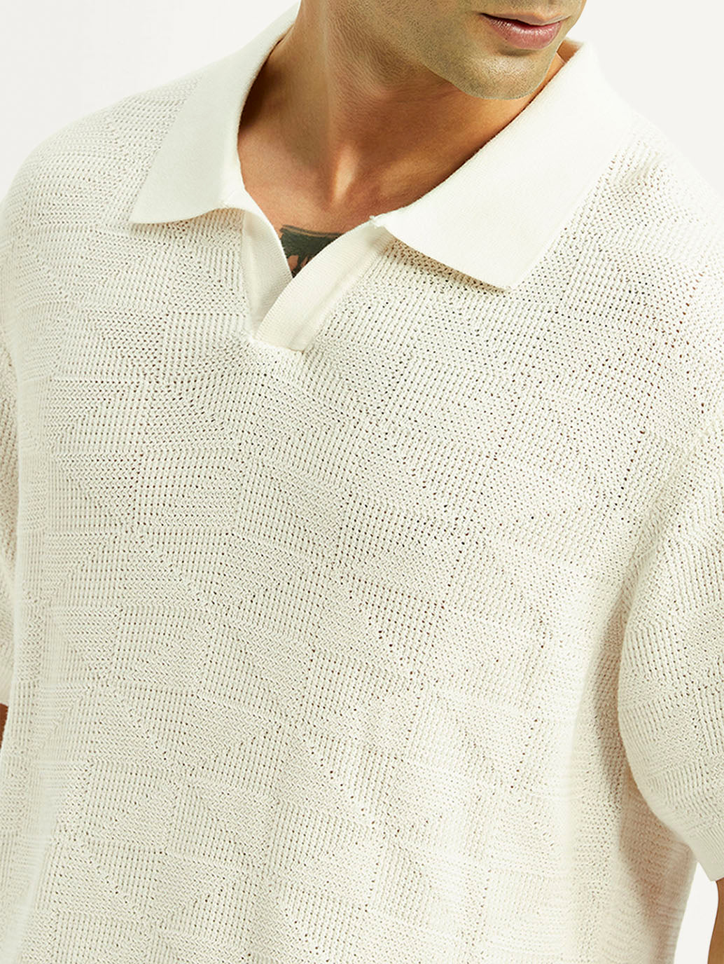 Men's Self Design Off White Loose Fit Polo T-Shirt - Detail View