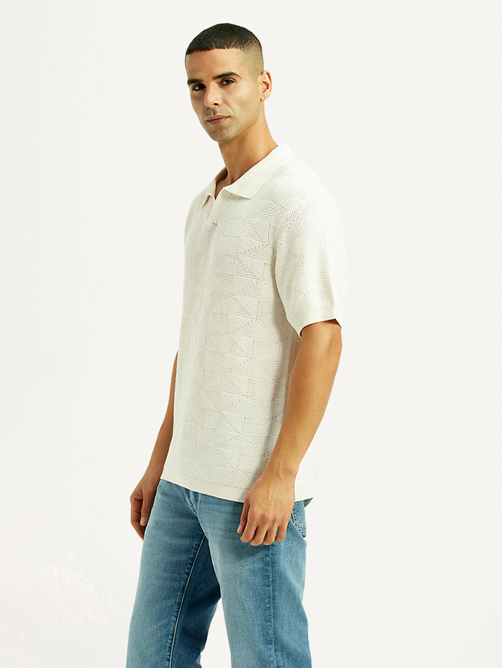 Men's Self Design Off White Loose Fit Polo T-Shirt - Side View