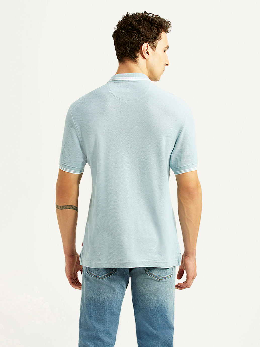 Men's Solid Light Blue Slim Fit Polo T-shirt - Back View
