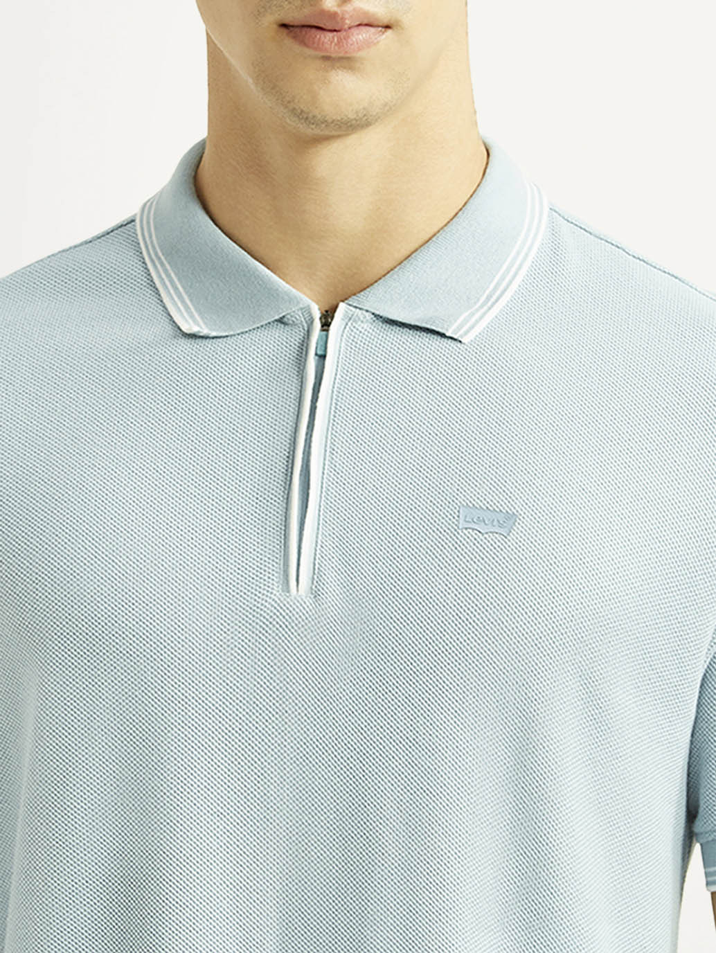 Men's Solid Light Blue Slim Fit Polo T-shirt - Detail View