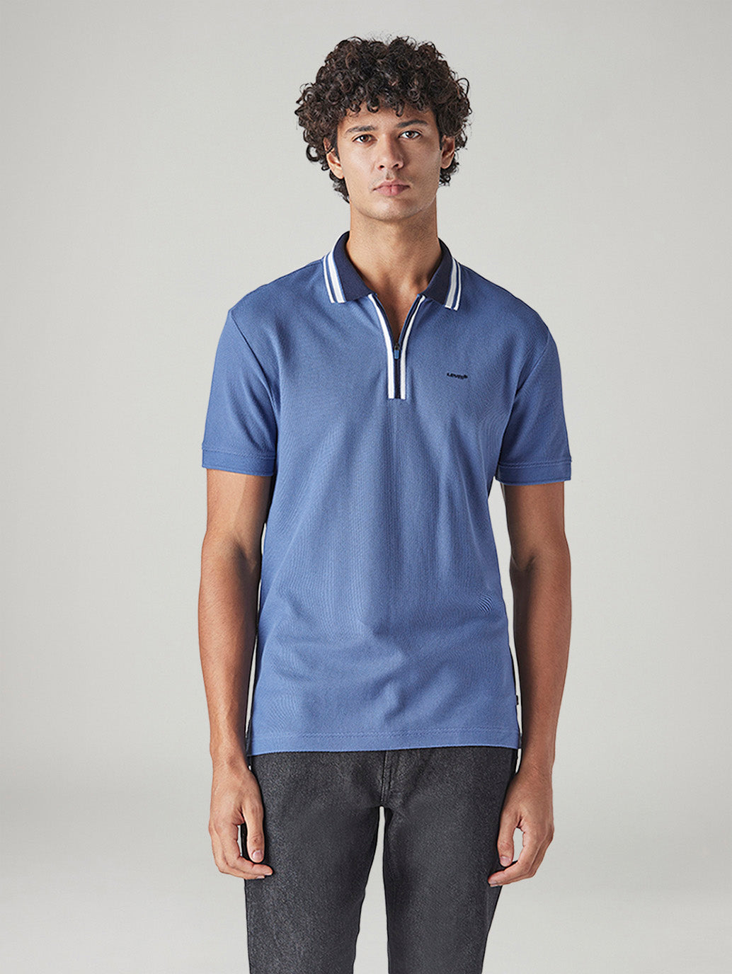 Men's Solid Blue Textured Polo T-shirt - Front View
