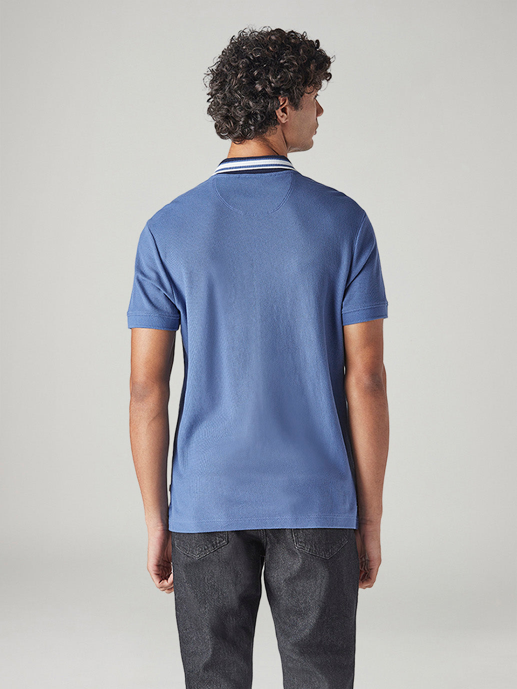 Men's Solid Blue Textured Polo T-shirt - Back View