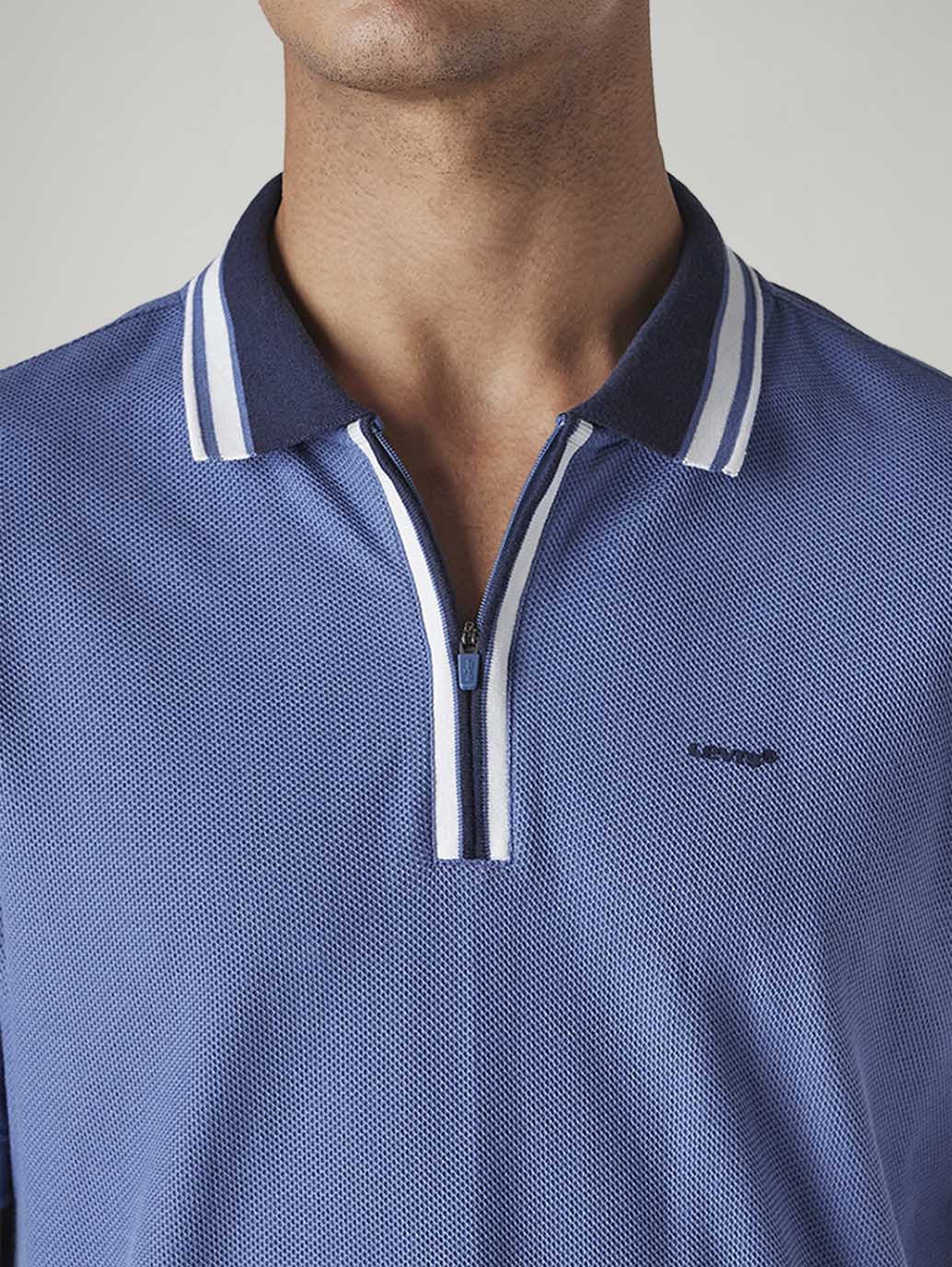 Men's Solid Blue Textured Polo T-shirt - Detail View