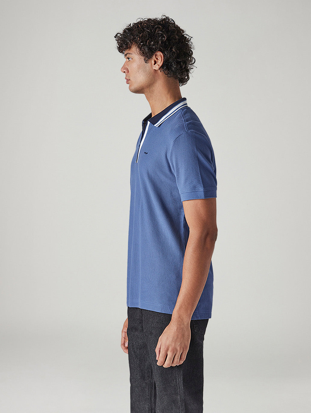 Men's Solid Blue Textured Polo T-shirt - Side View