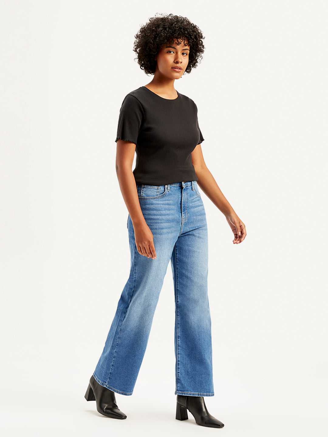 Women's Blue Mile High Wide Leg Fit High Rise Jeans - Side View