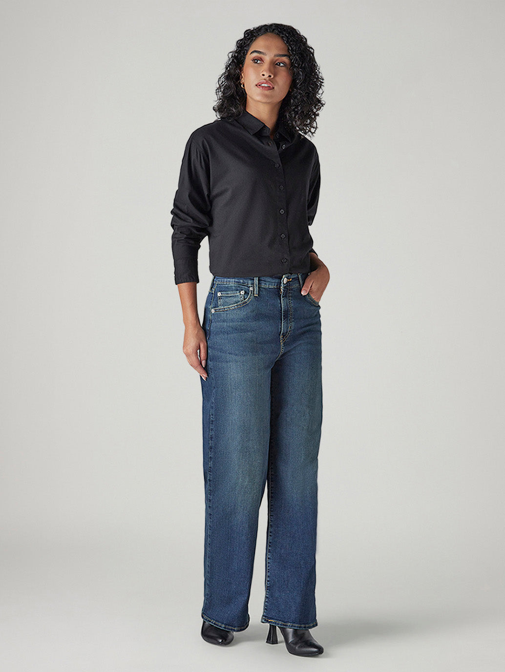 Women's Dark Blue Wide Leg Fit High Rise Jeans
