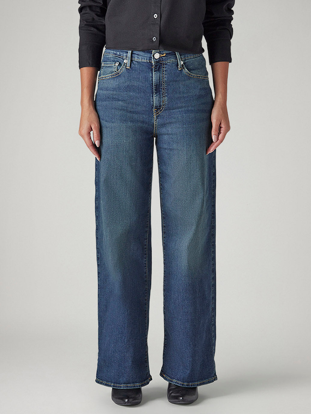 Women's Dark Blue Wide Leg Fit High Rise Jeans - Front View