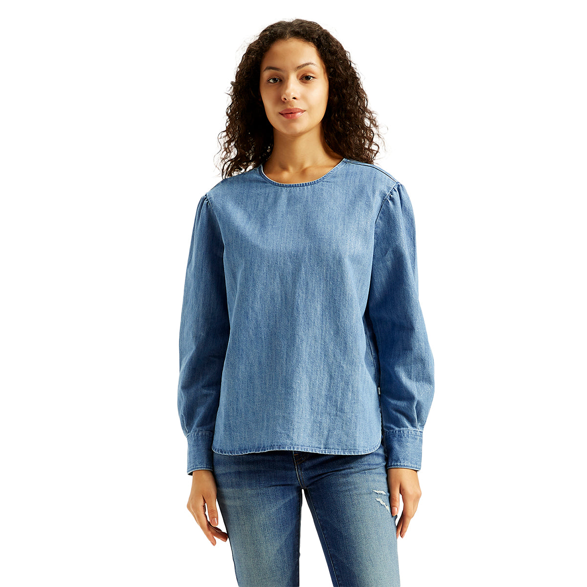 Women's Solid Blue Round Neck Denim Top
