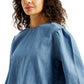 Women's Solid Blue Round Neck Denim Top - Detail View