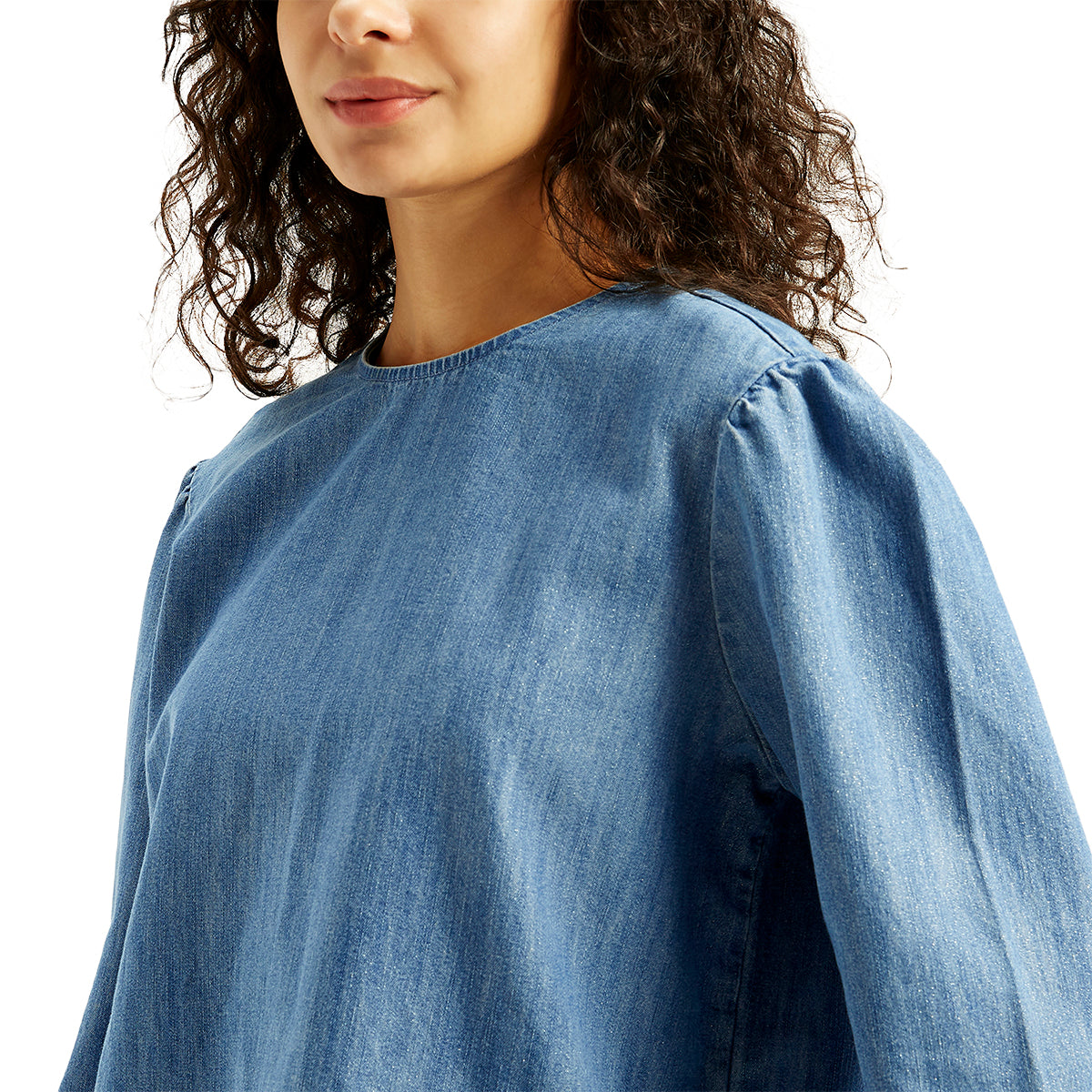 Women's Solid Blue Round Neck Denim Top - Detail View