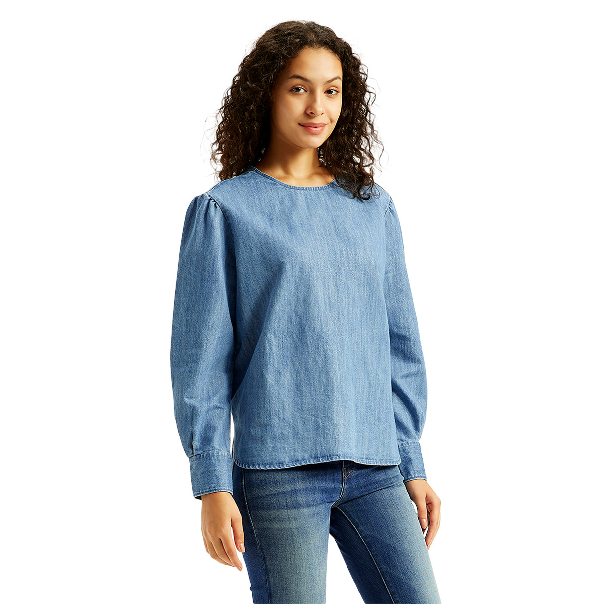 Women's Solid Blue Round Neck Denim Top - Side View