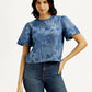 Women's Printed Round Neck Denim Top - Front View