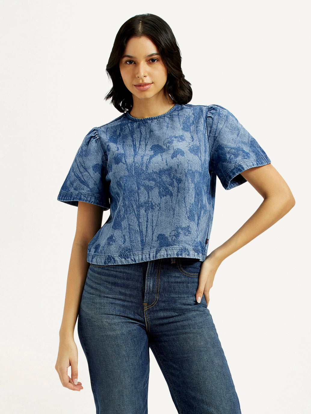Women's Printed Round Neck Denim Top
