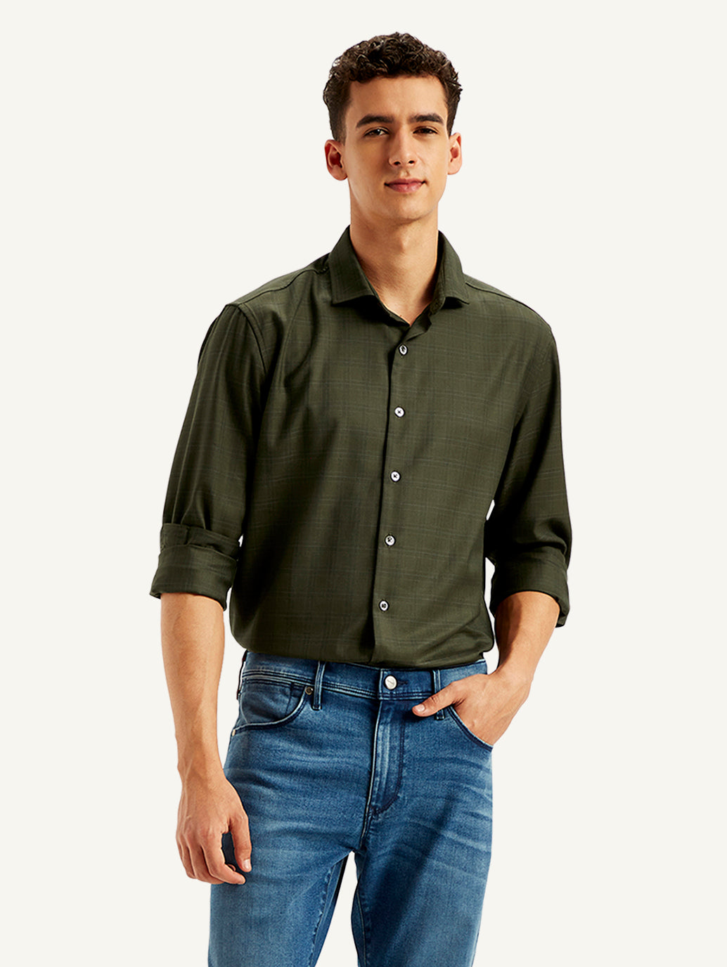 Men's Redloop Checkered Spread Collar Shirt - Styleshot View