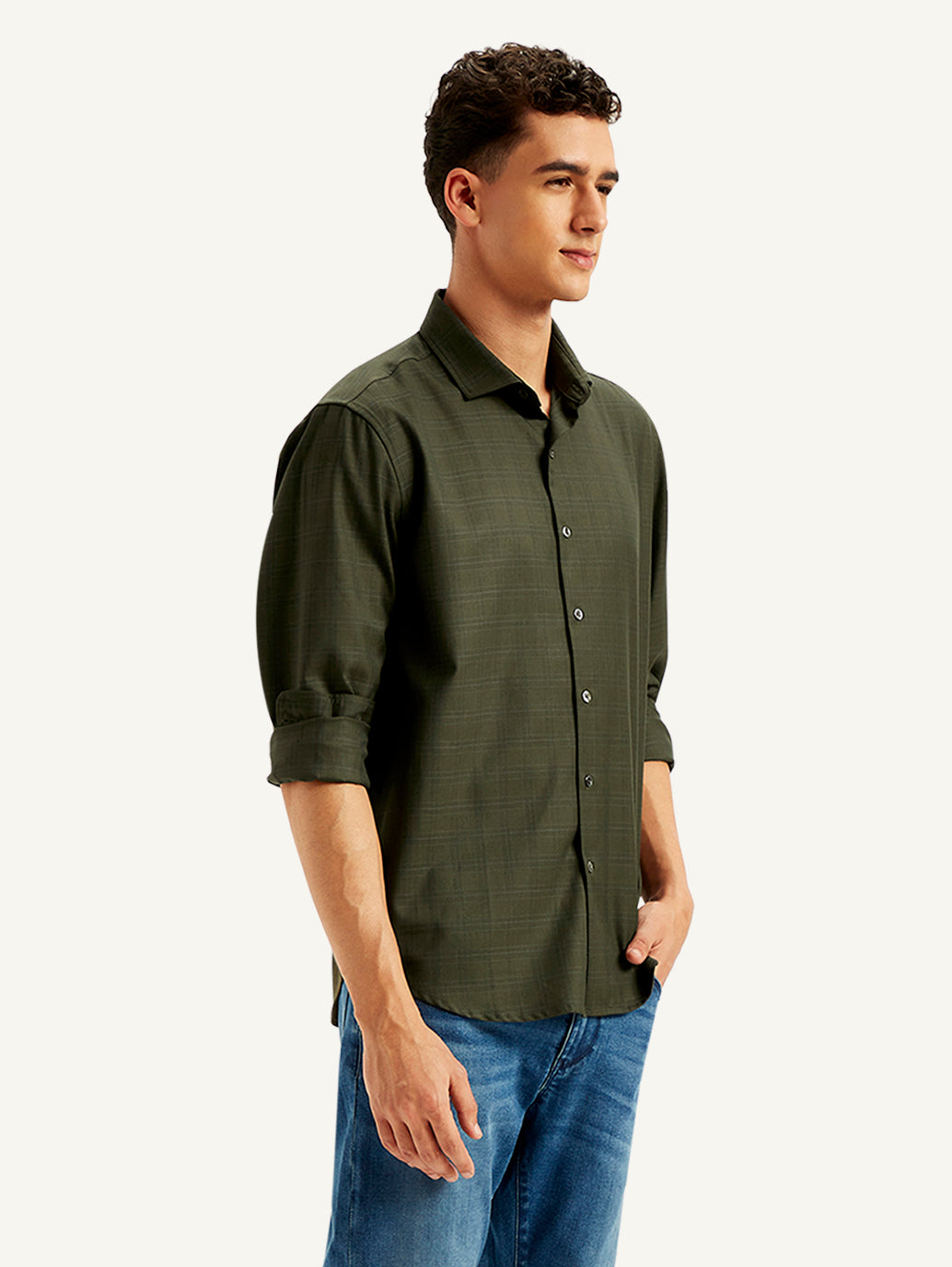 Men's Redloop Checkered Spread Collar Shirt - Side View