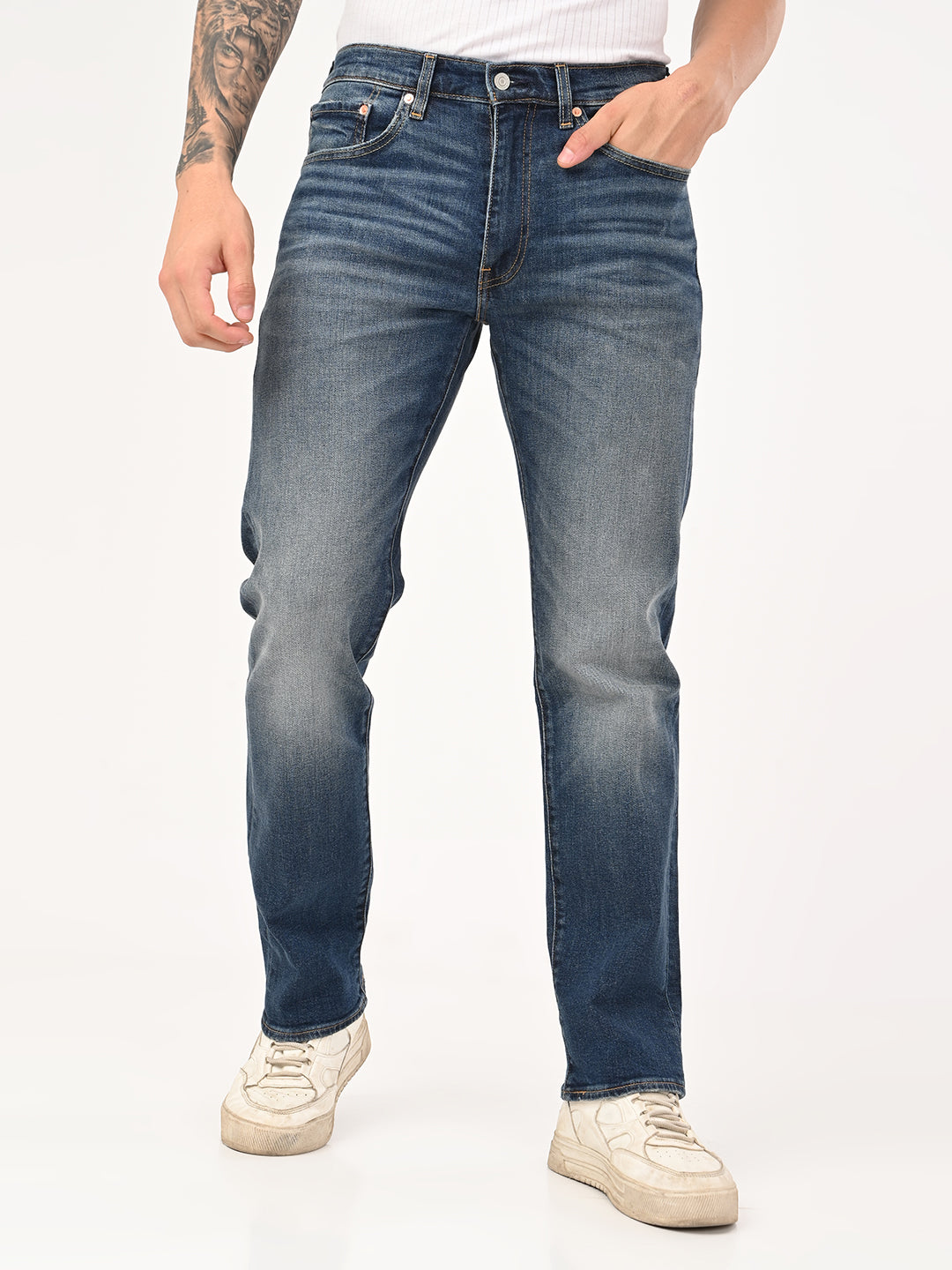 Men's 505 Blue Straight Fit Mid Rise Jeans - jpg View