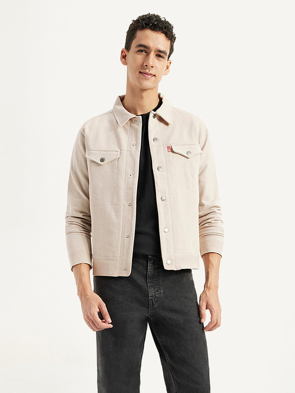 Men's Solid Beige Spread Collar Jacket