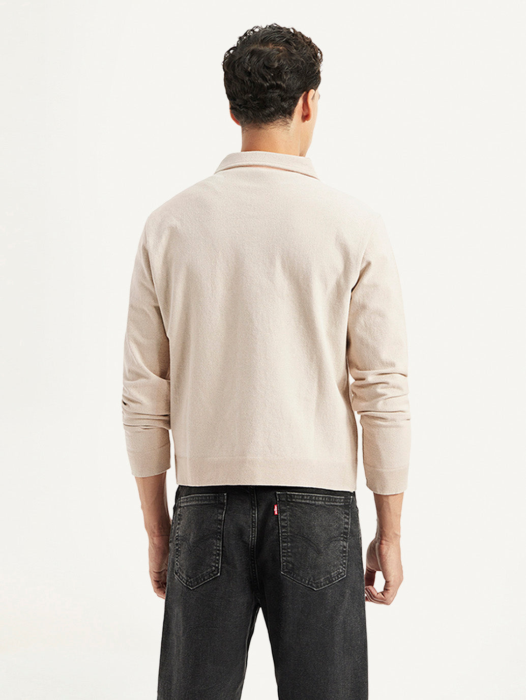 Men's Solid Beige Spread Collar Jacket - Back View