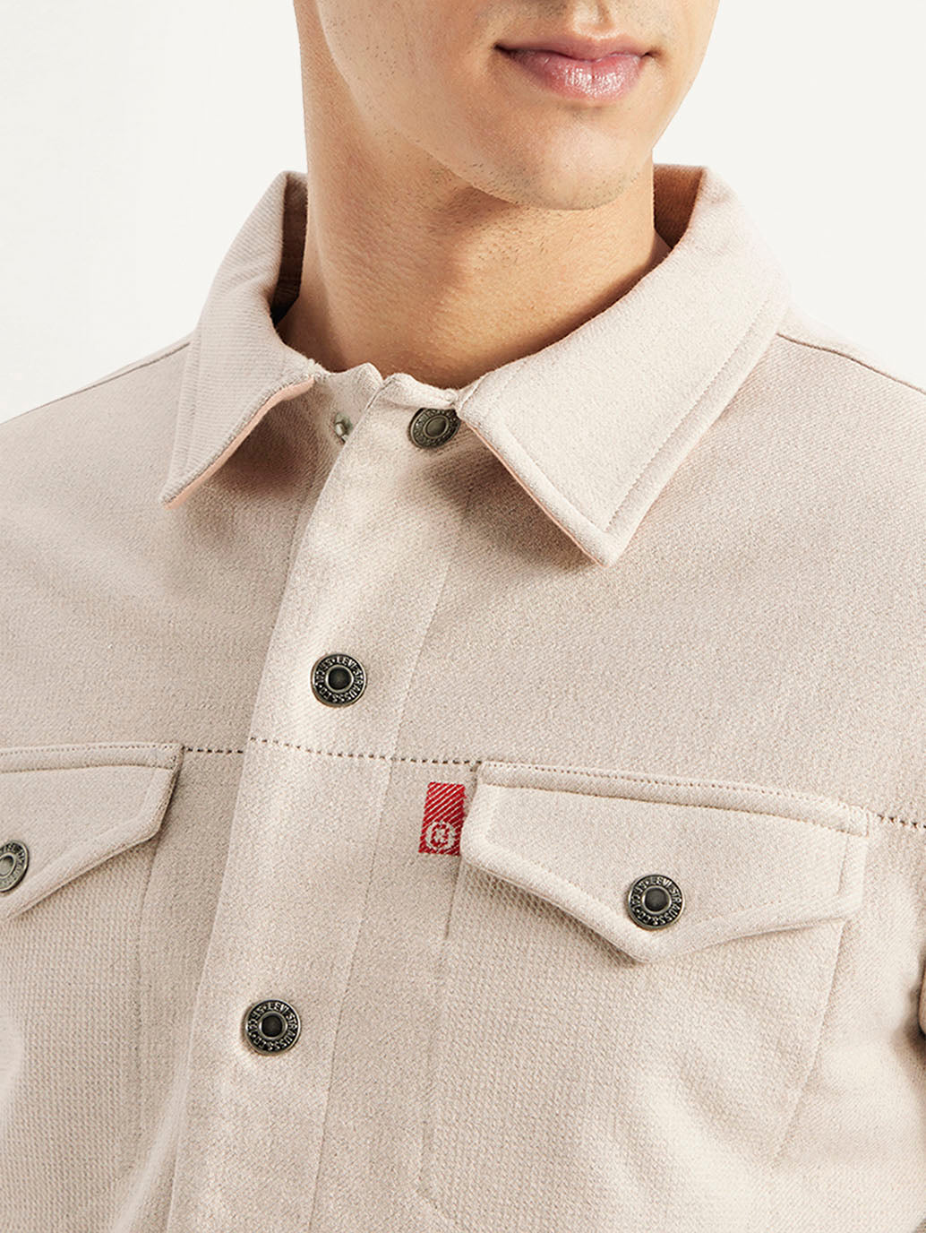 Men's Solid Beige Spread Collar Jacket - Detail View