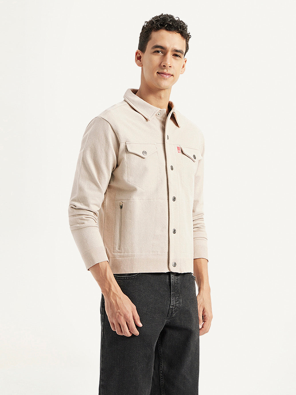 Men's Solid Beige Spread Collar Jacket - Side View
