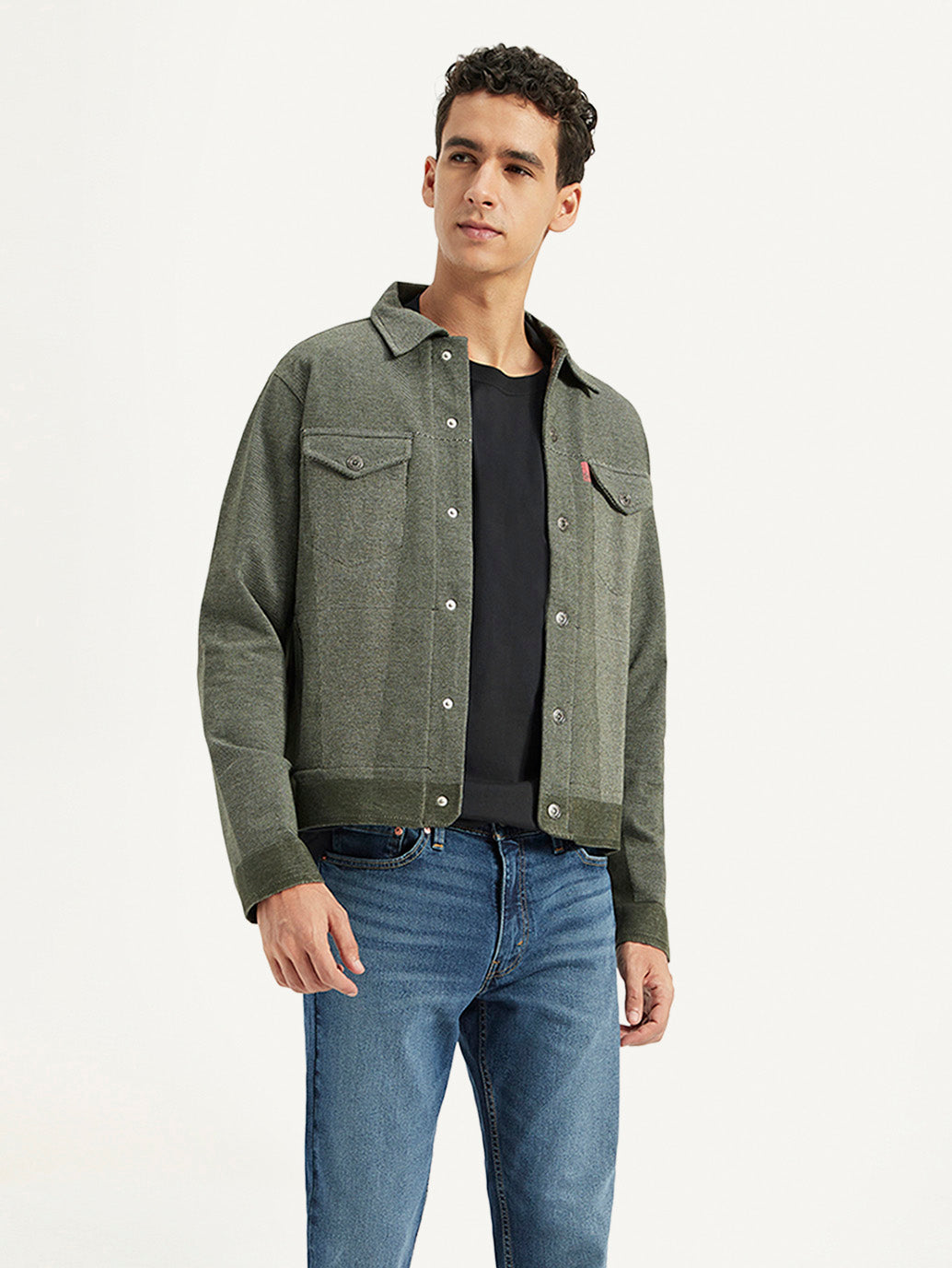 Men's Solid Olive Spread Collar Jacket