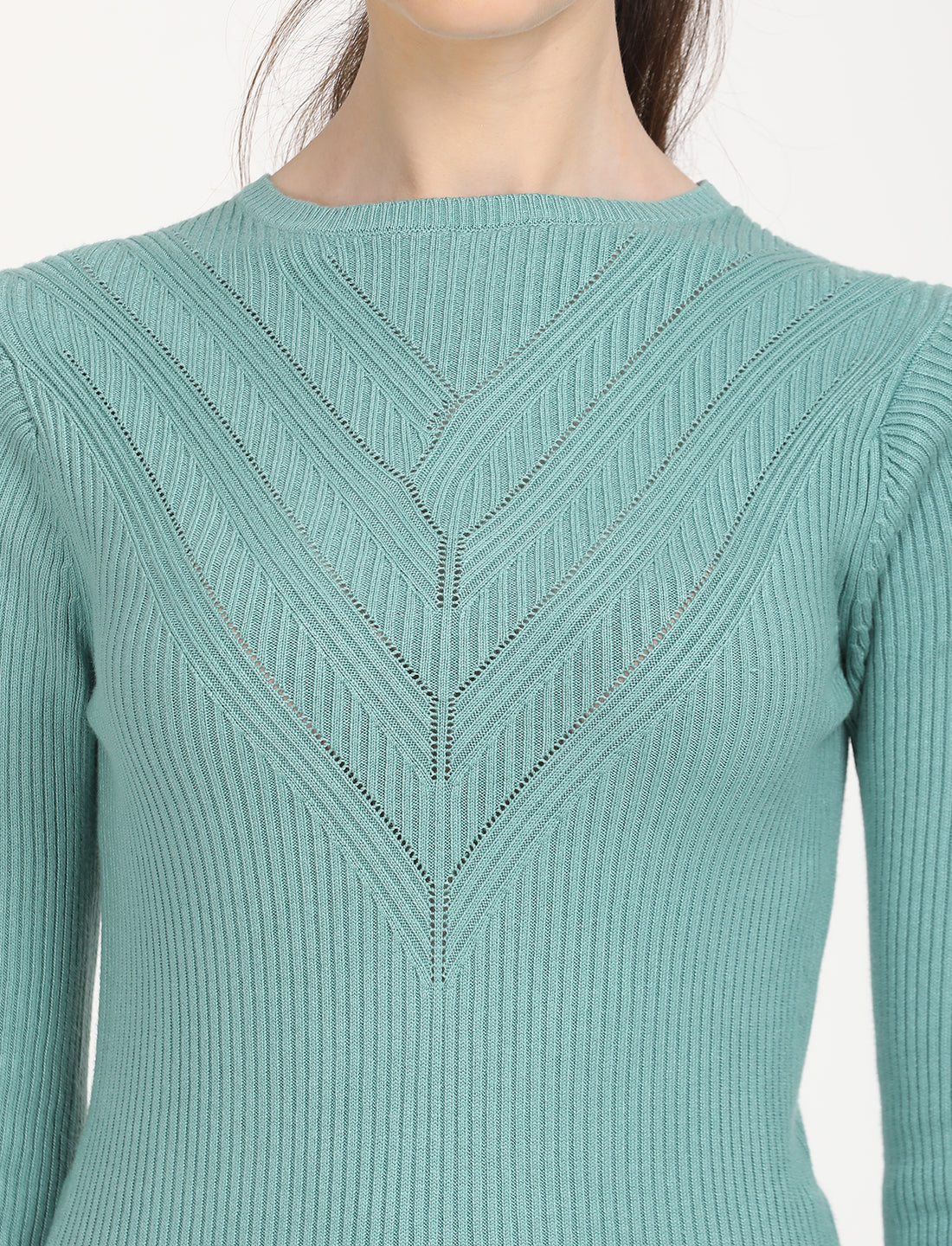 Women's Self Design Turquoise Round Neck Sweater - Detail View