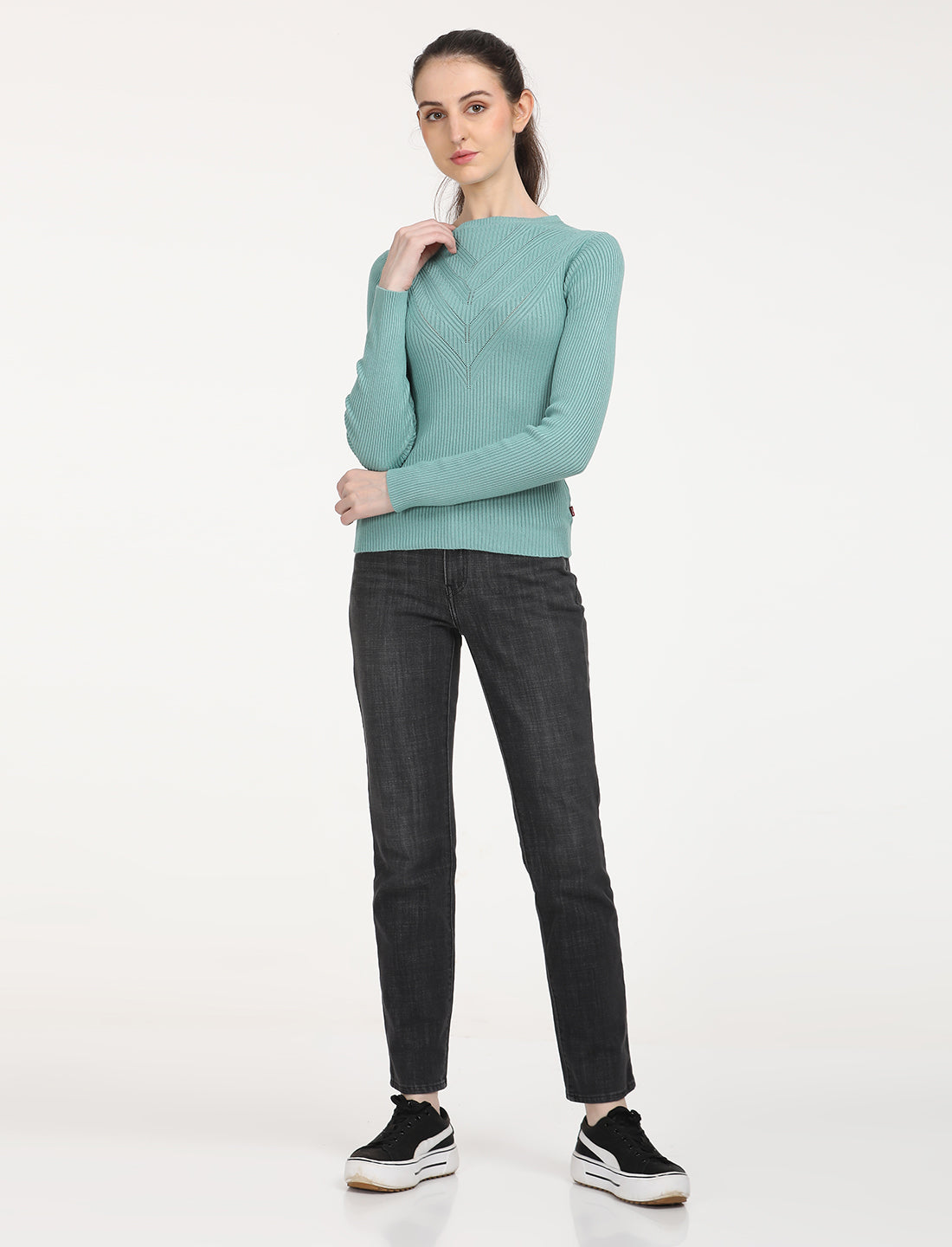 Women's Self Design Turquoise Round Neck Sweater - 6 View