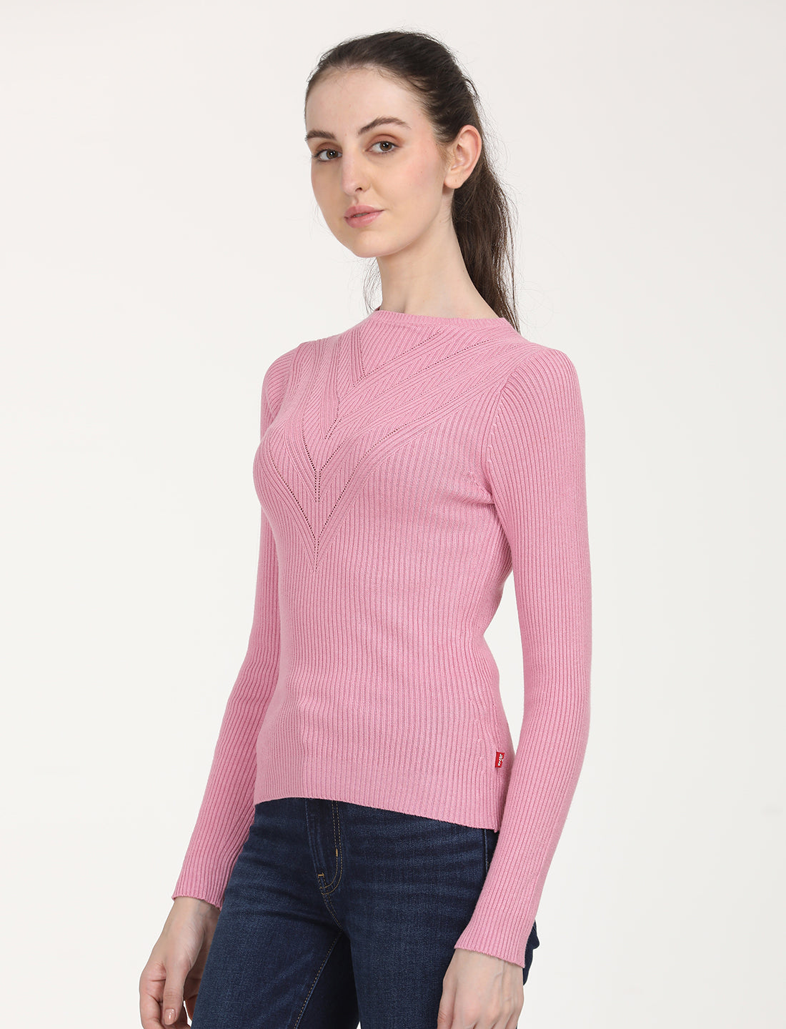 Women's Self Design Pink Round Neck Sweater - RightSide View