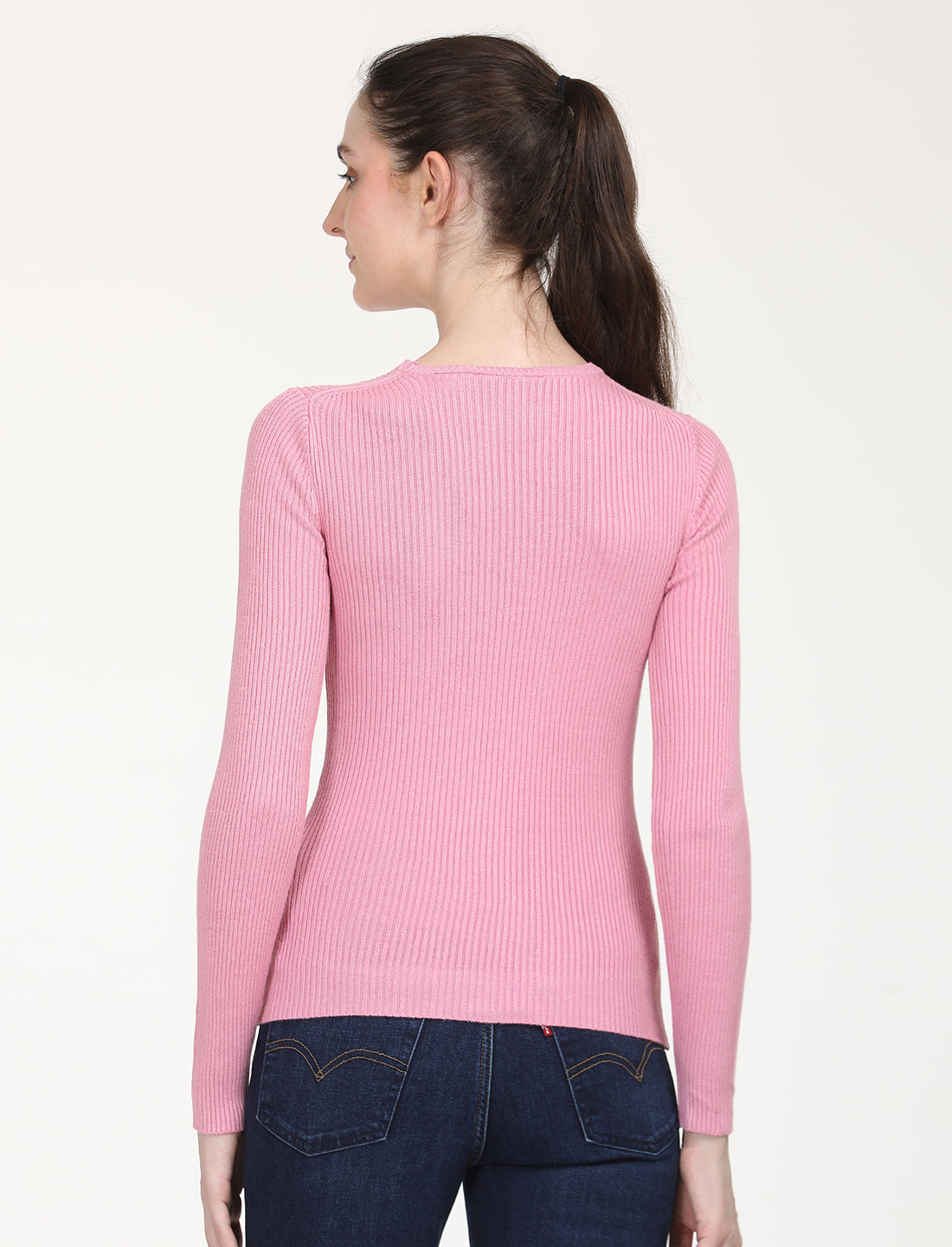 Women's Self Design Pink Round Neck Sweater - Back View