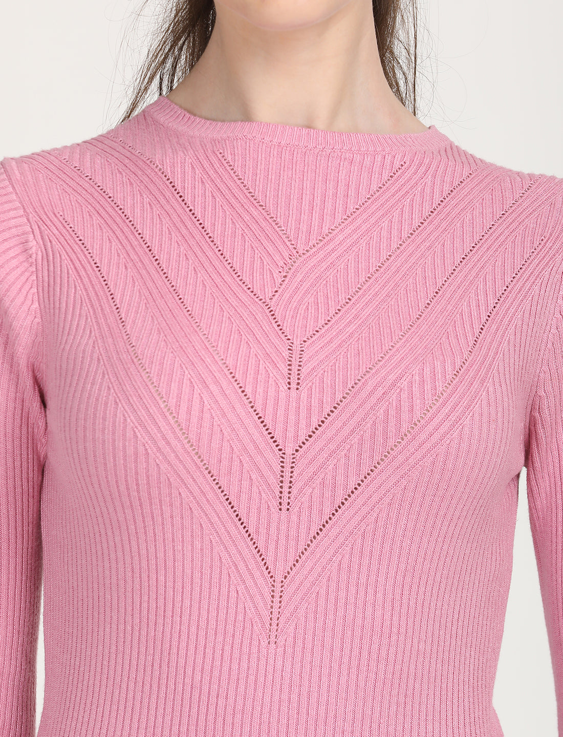 Women's Self Design Pink Round Neck Sweater - Detail View
