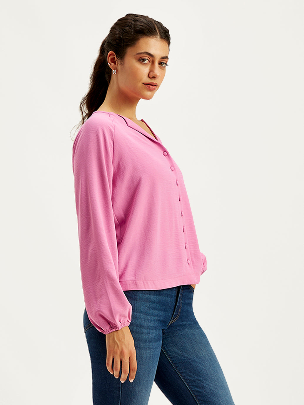 Women's Textured Pink Mock Neck Top - 4a9ce1f1-f162-4db6-9272-5525c037989f View