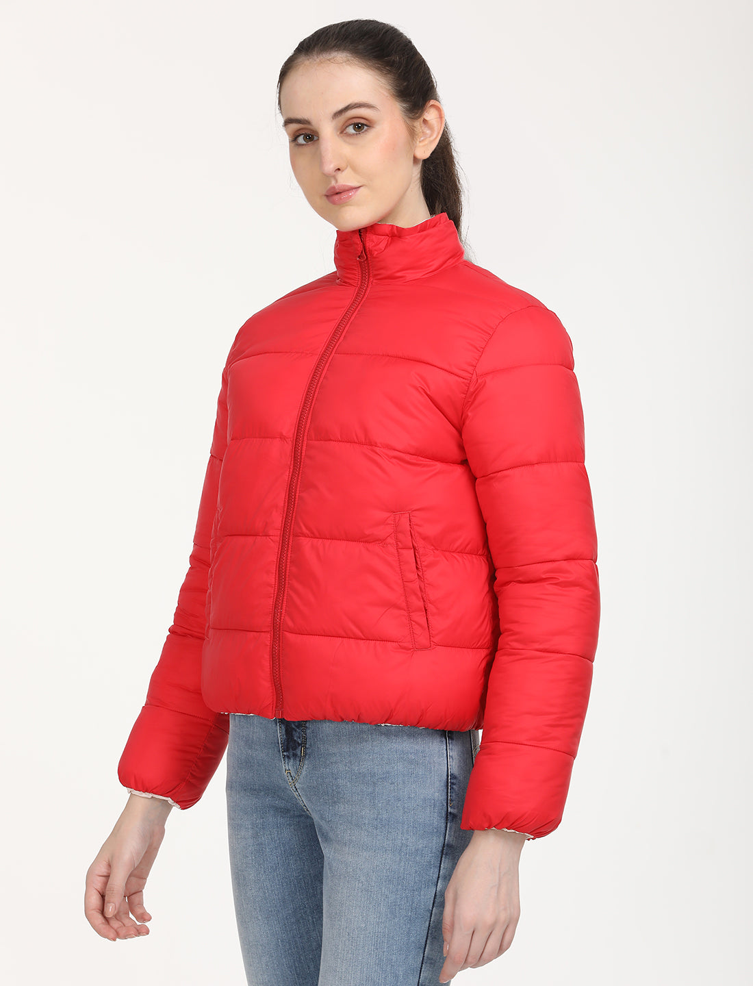 Women's Quilted High Neck Reversible Puffer Jacket - RightSide View