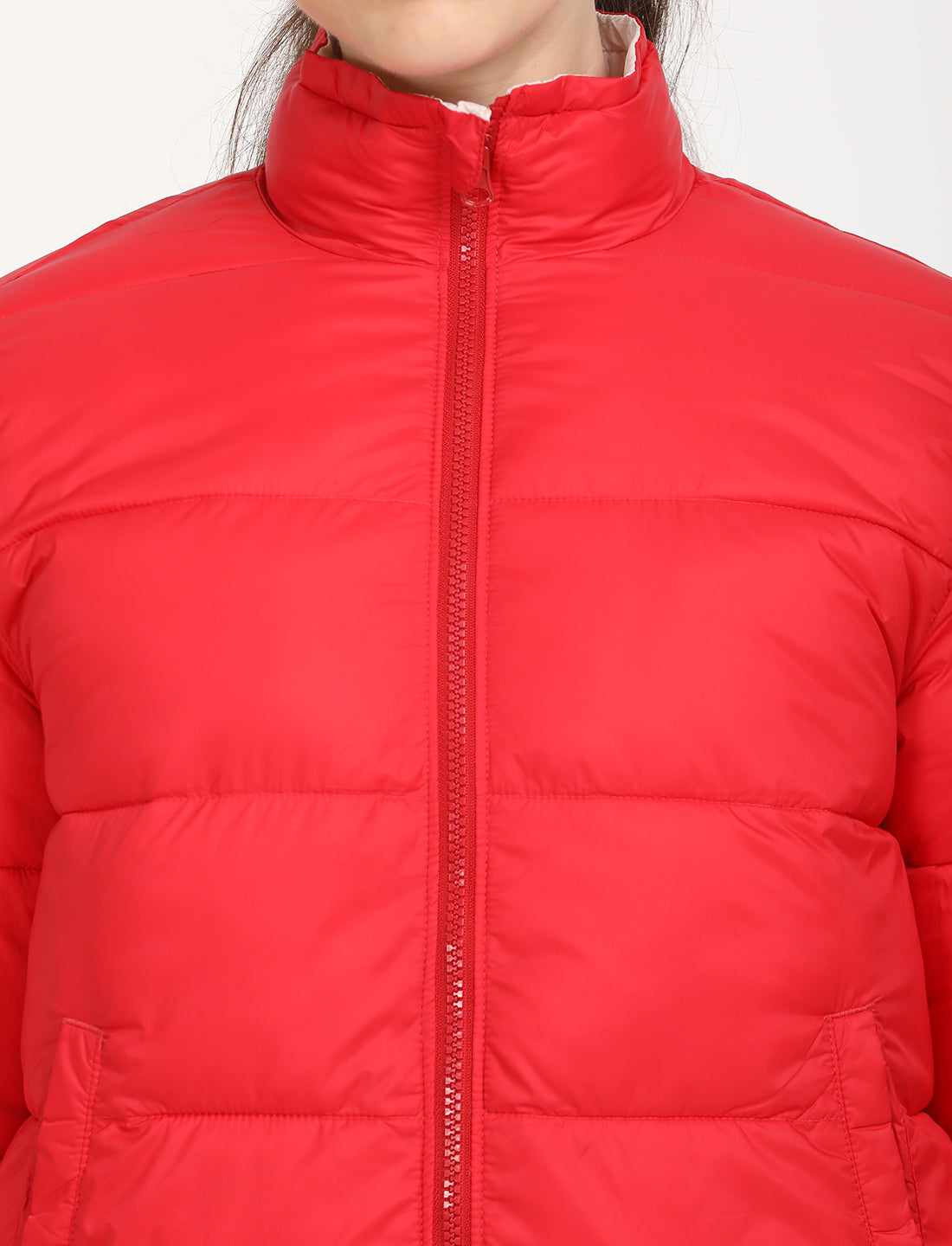 Women's Quilted High Neck Reversible Puffer Jacket - Detail View