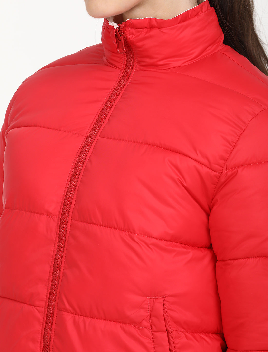 Women's Quilted High Neck Reversible Puffer Jacket - Detail View