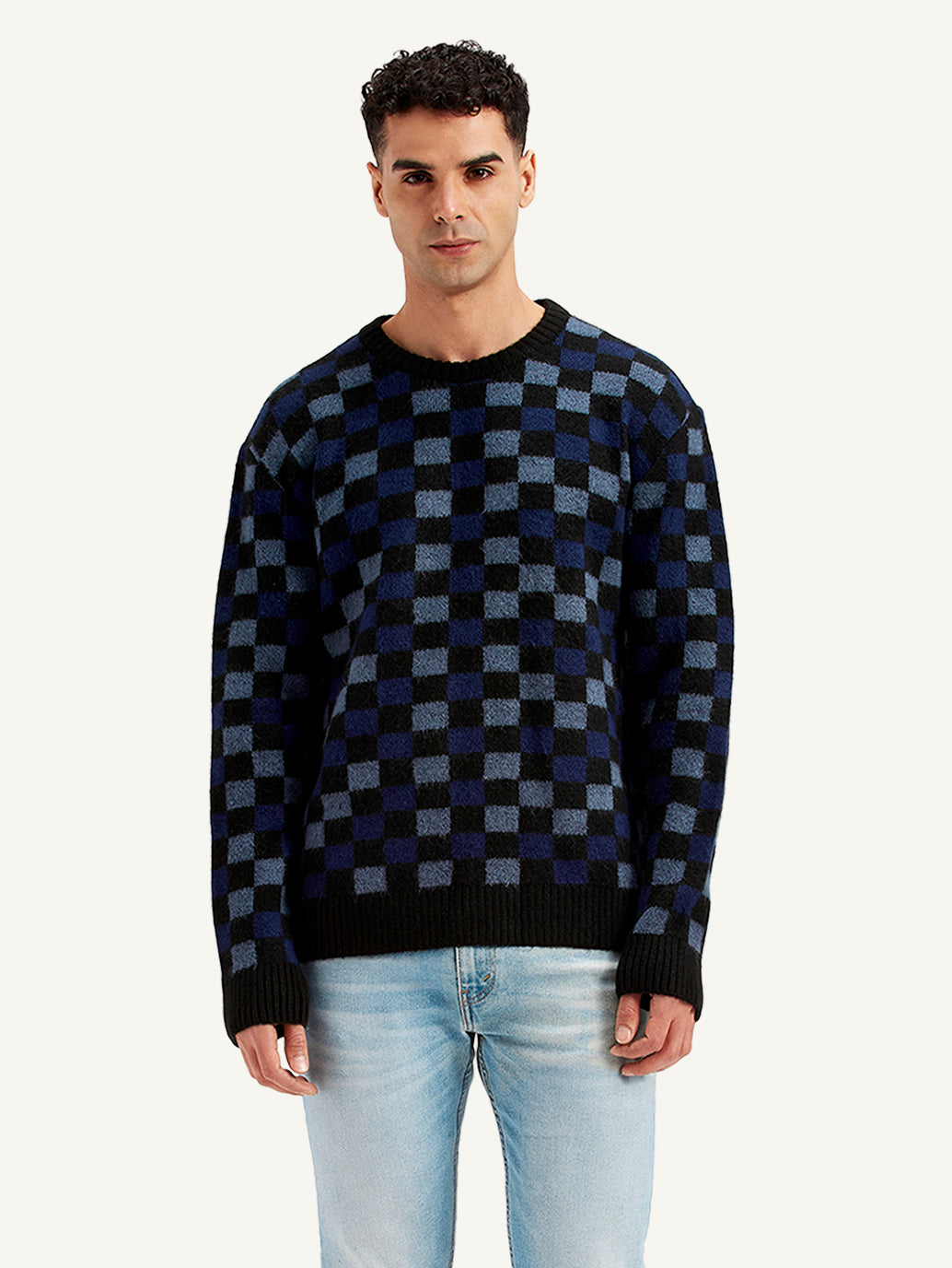 Men's Checkered Black Crew Neck Sweater - ec3547ae-a75a-49ae-bb0a-95df658b68bc View