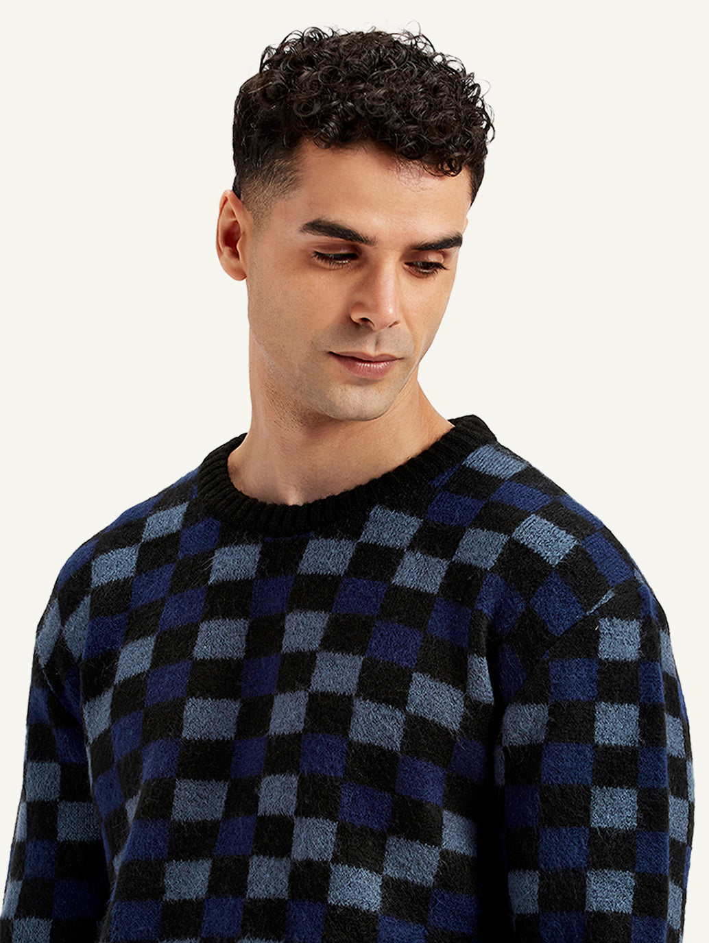Men's Checkered Black Crew Neck Sweater - 3d7cbe55-3a2c-4127-8885-83c335b0164c View