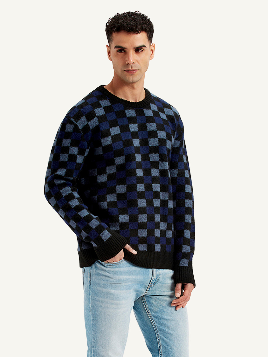 Men's Checkered Black Crew Neck Sweater - d501f275-f816-4519-96e1-b4d49f953dc8 View