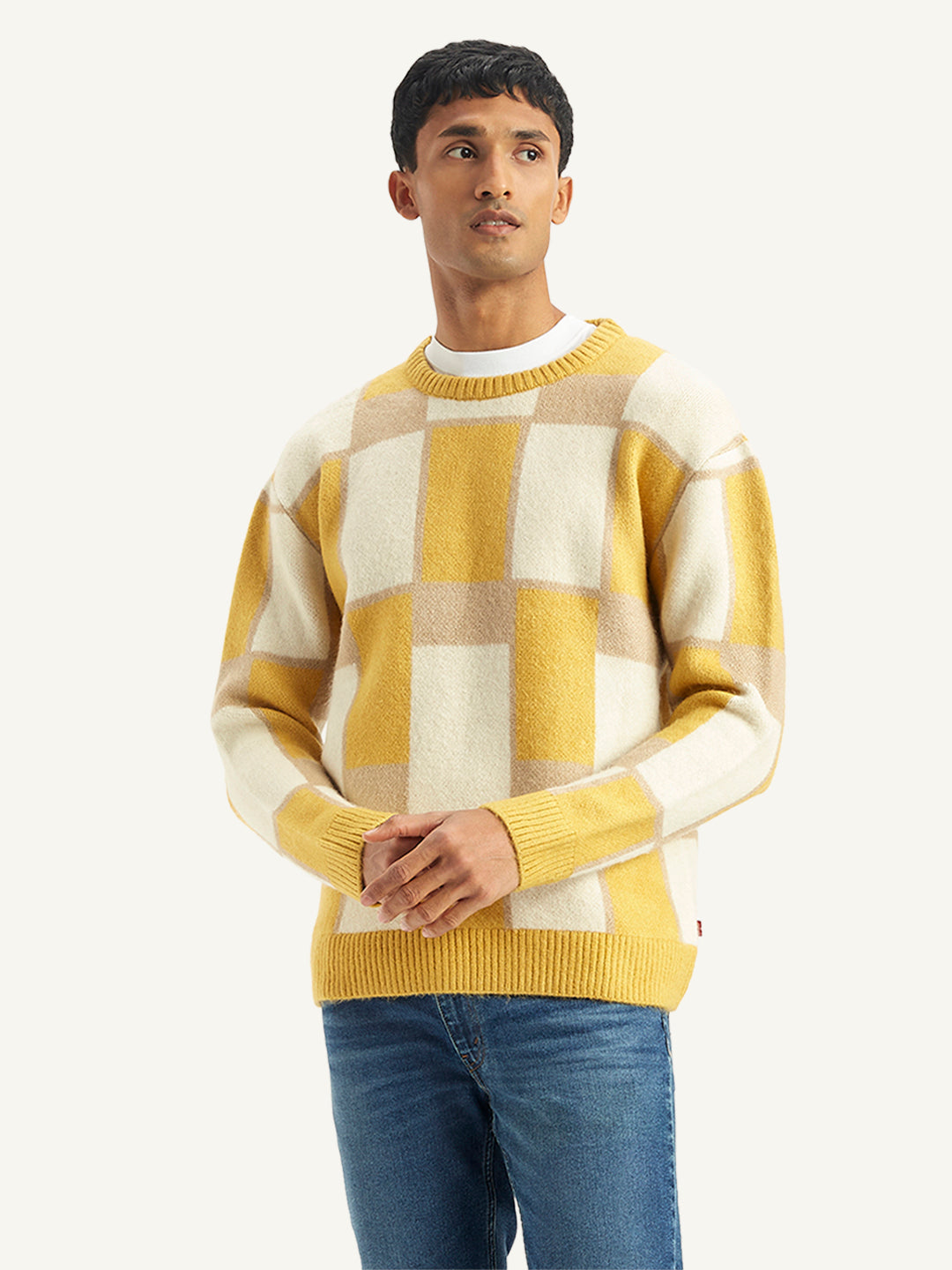 Men's Geometric Yellow Crew Neck Sweater - Front View