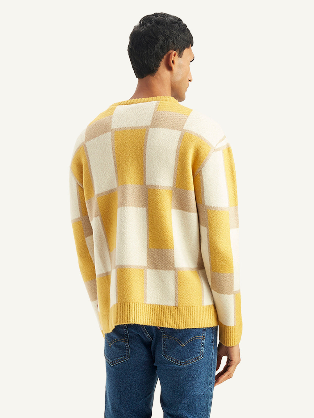 Men's Geometric Yellow Crew Neck Sweater - Back View