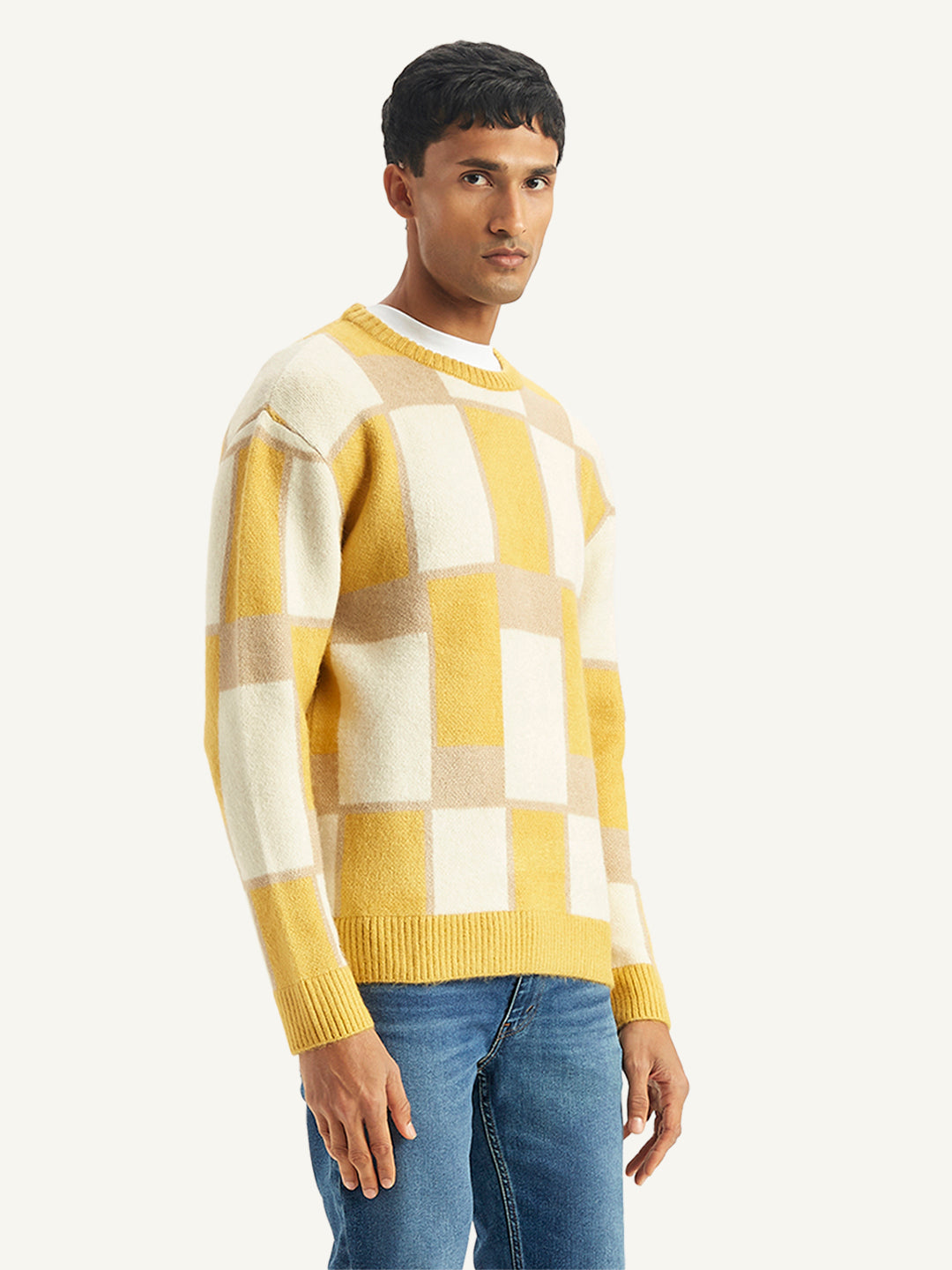Men's Geometric Yellow Crew Neck Sweater - Side View