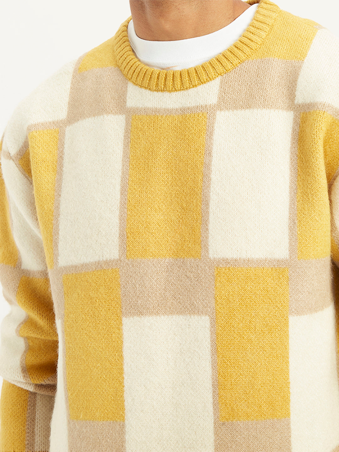 Men's Geometric Yellow Crew Neck Sweater - Detail View
