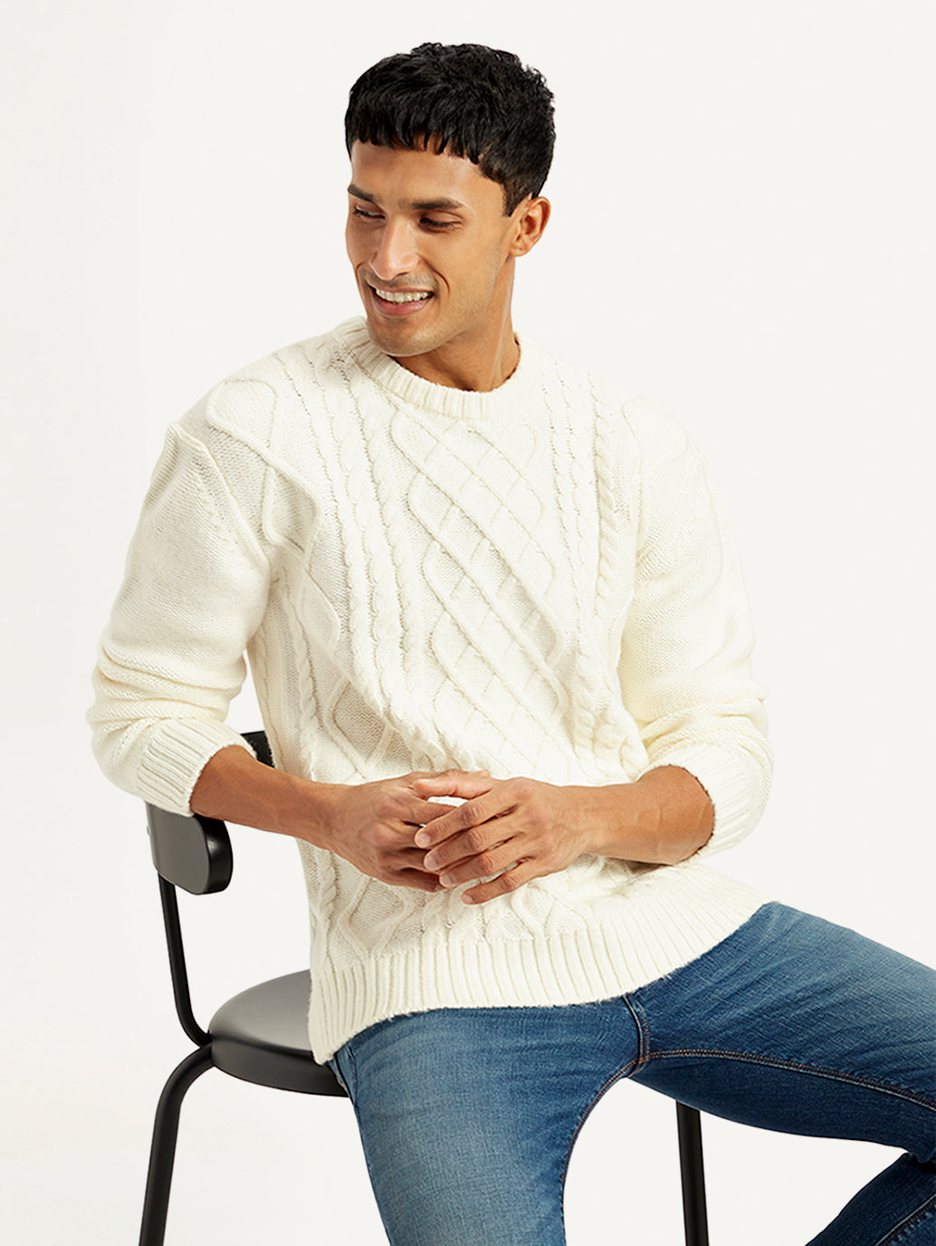 Men's Solid White Crew Neck Sweater