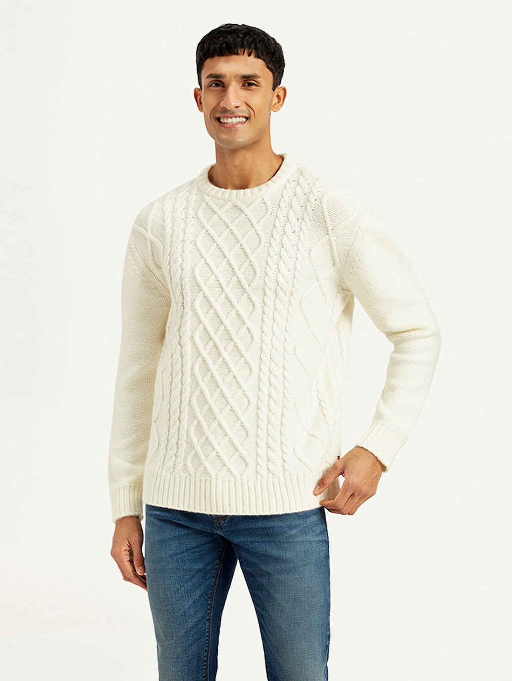 Men's Solid White Crew Neck Sweater - Front View