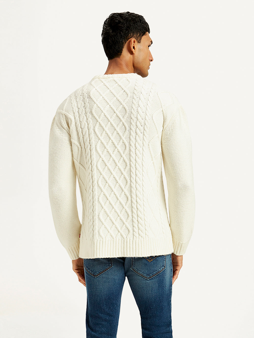 Men's Solid White Crew Neck Sweater - Back View