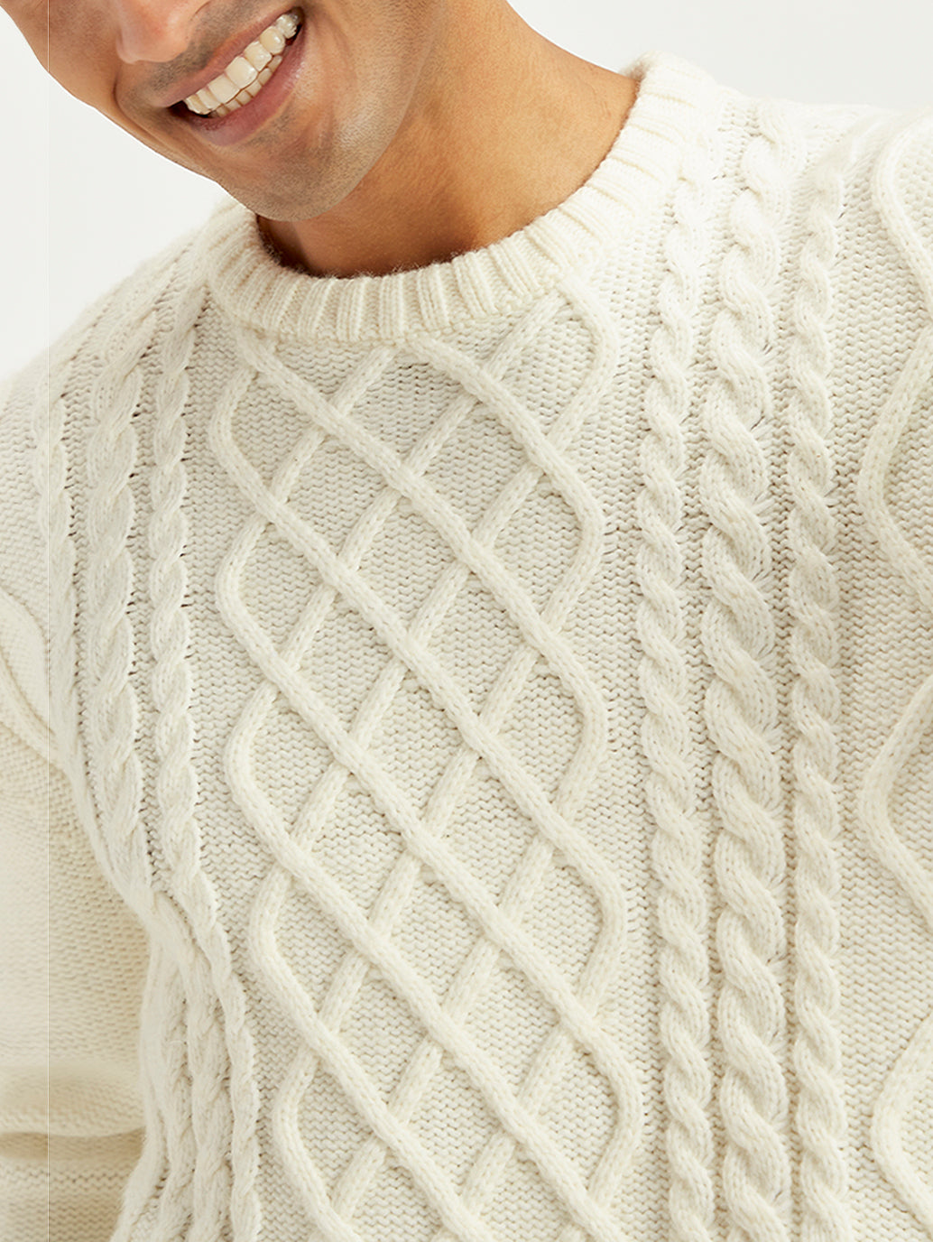 Men's Solid White Crew Neck Sweater - Detail View