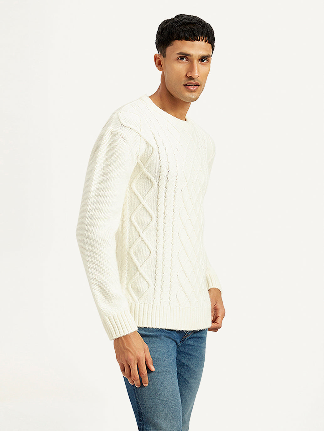 Men's Solid White Crew Neck Sweater - Side View